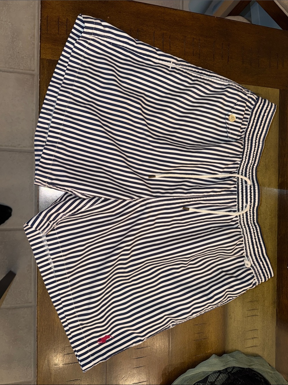 Polo by Ralph Lauren Navy and White Striped Drawstring Swim Trunks
